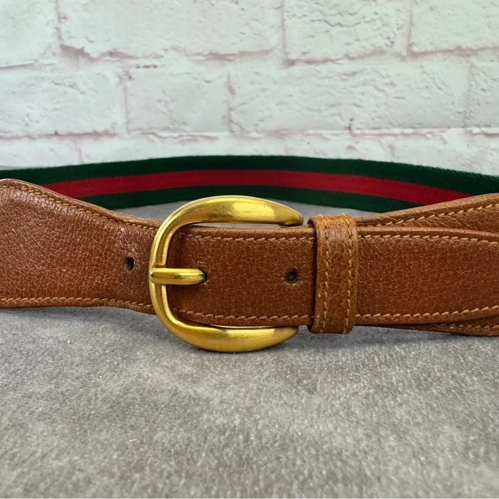 Gucci Vintage Sherry Line Brown Leather Belt Gold Buckle 80/32” - Picture 4 of 11